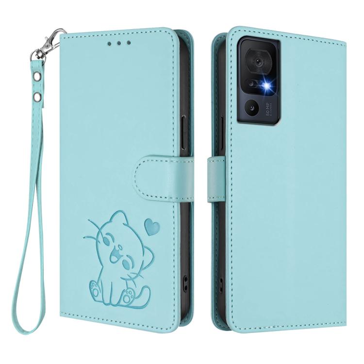 For TCL 40 SE Embossed Heart Cat Leather Phone Case with Hand Strap