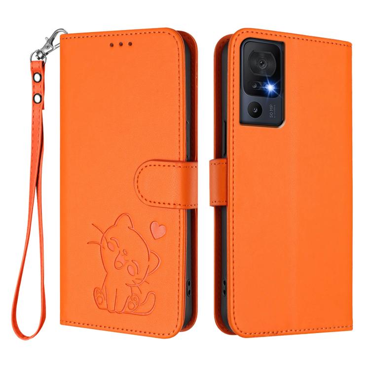 For TCL 40 SE Embossed Heart Cat Leather Phone Case with Hand Strap