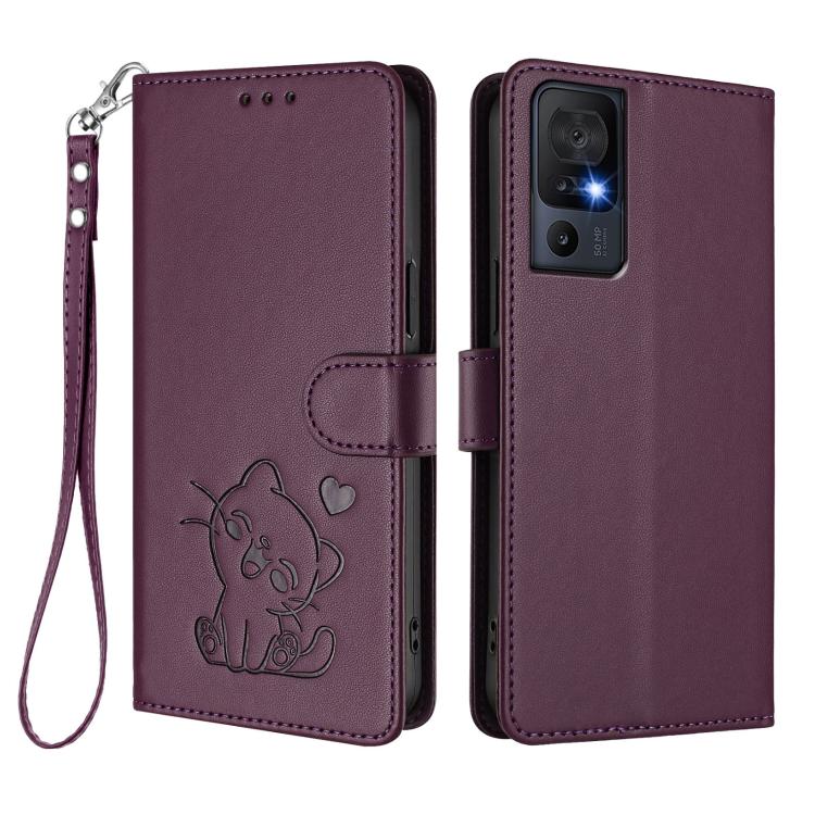 For TCL 40 SE Embossed Heart Cat Leather Phone Case with Hand Strap