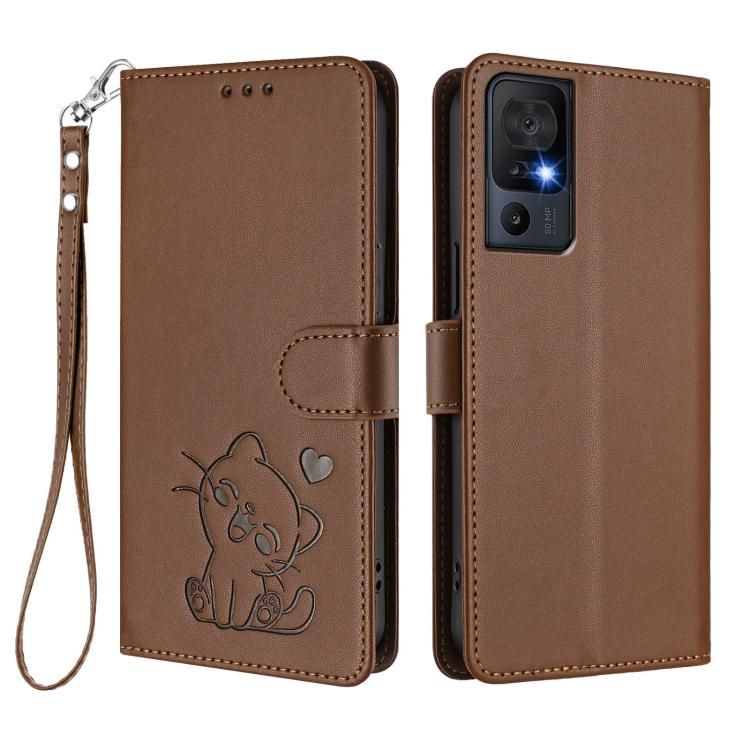 For TCL 40 SE Embossed Heart Cat Leather Phone Case with Hand Strap
