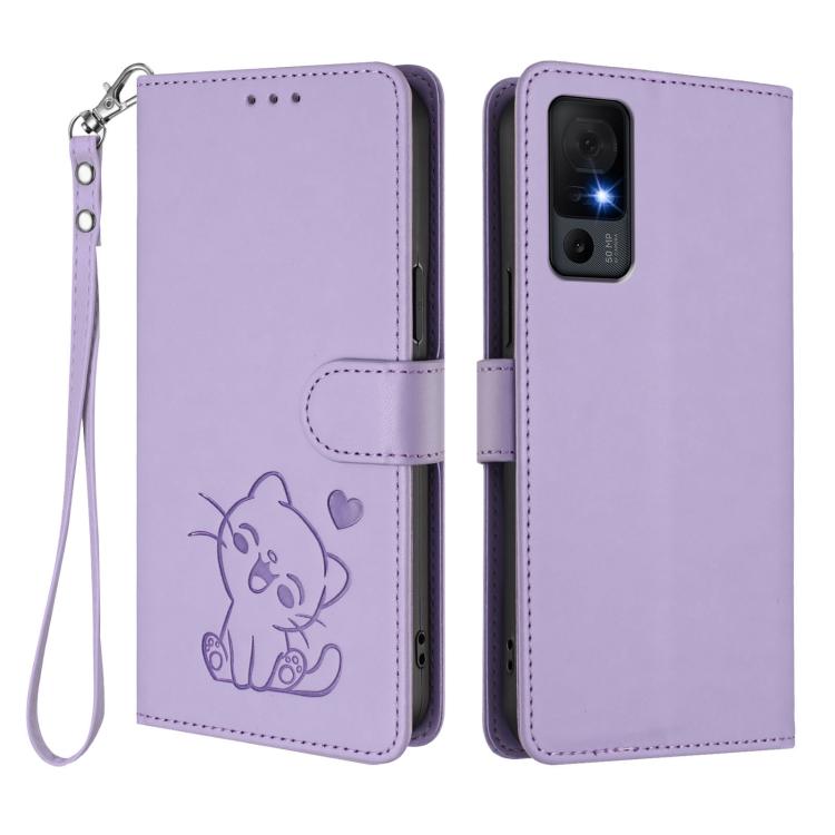 For TCL 40 XL / Lively Jitterbug Smart4 Embossed Heart Cat Leather Phone Case with Hand Strap
