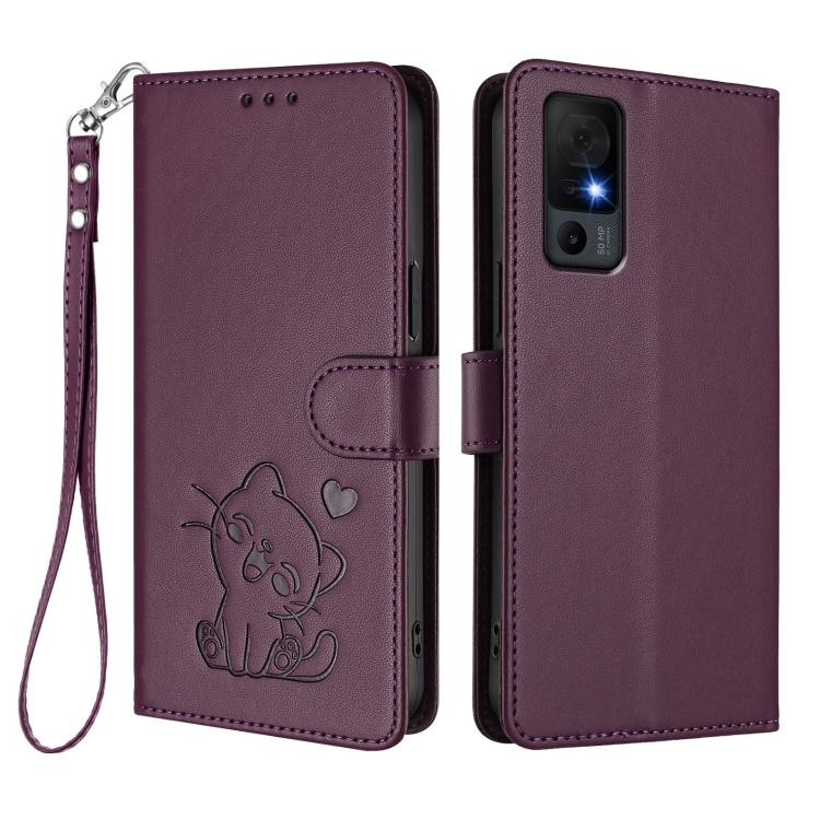 For TCL 40 XL / Lively Jitterbug Smart4 Embossed Heart Cat Leather Phone Case with Hand Strap