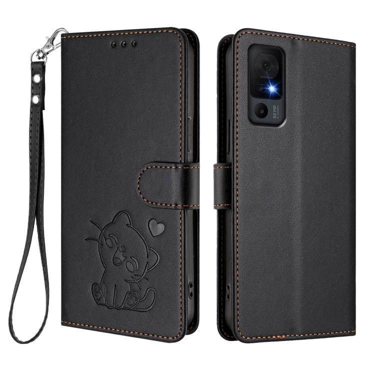 For TCL 40 XL / Lively Jitterbug Smart4 Embossed Heart Cat Leather Phone Case with Hand Strap