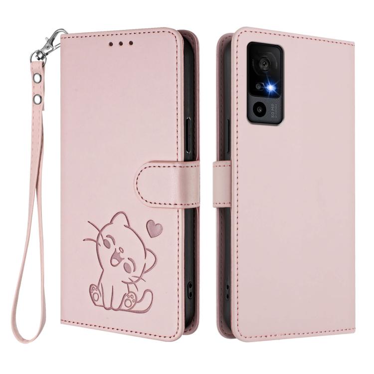 For TCL 40 R 5G / Sharp Aquos V6 5G Embossed Heart Cat Leather Phone Case with Hand Strap