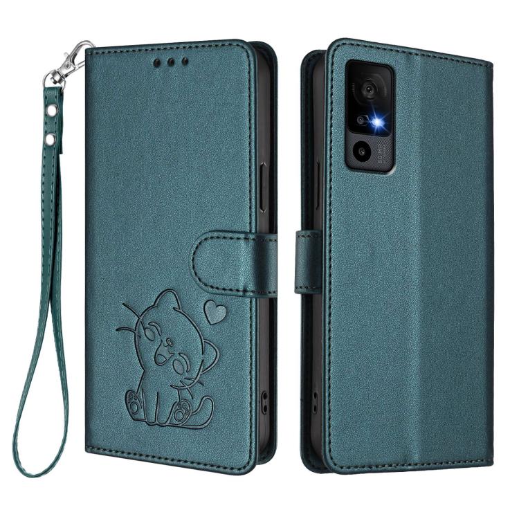 For TCL 40 R 5G / Sharp Aquos V6 5G Embossed Heart Cat Leather Phone Case with Hand Strap