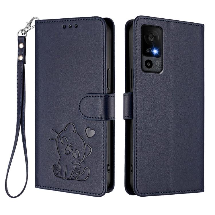 For TCL 40 R 5G / Sharp Aquos V6 5G Embossed Heart Cat Leather Phone Case with Hand Strap