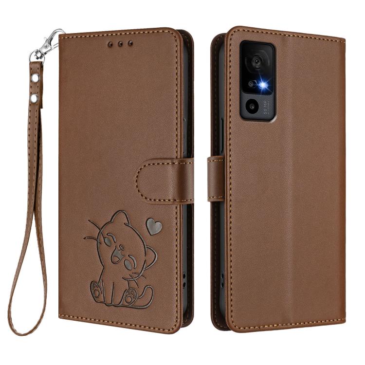 For TCL 40 R 5G / Sharp Aquos V6 5G Embossed Heart Cat Leather Phone Case with Hand Strap