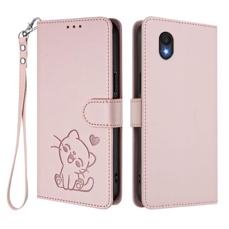 For TCL 201 Embossed Heart Cat Leather Phone Case with Hand Strap