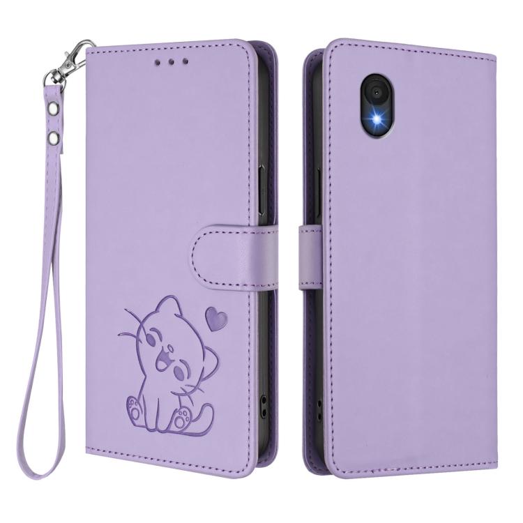 For TCL 201 Embossed Heart Cat Leather Phone Case with Hand Strap