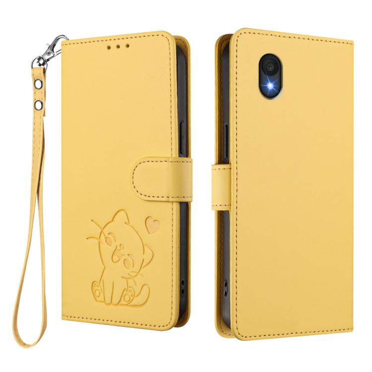 For TCL 201 Embossed Heart Cat Leather Phone Case with Hand Strap