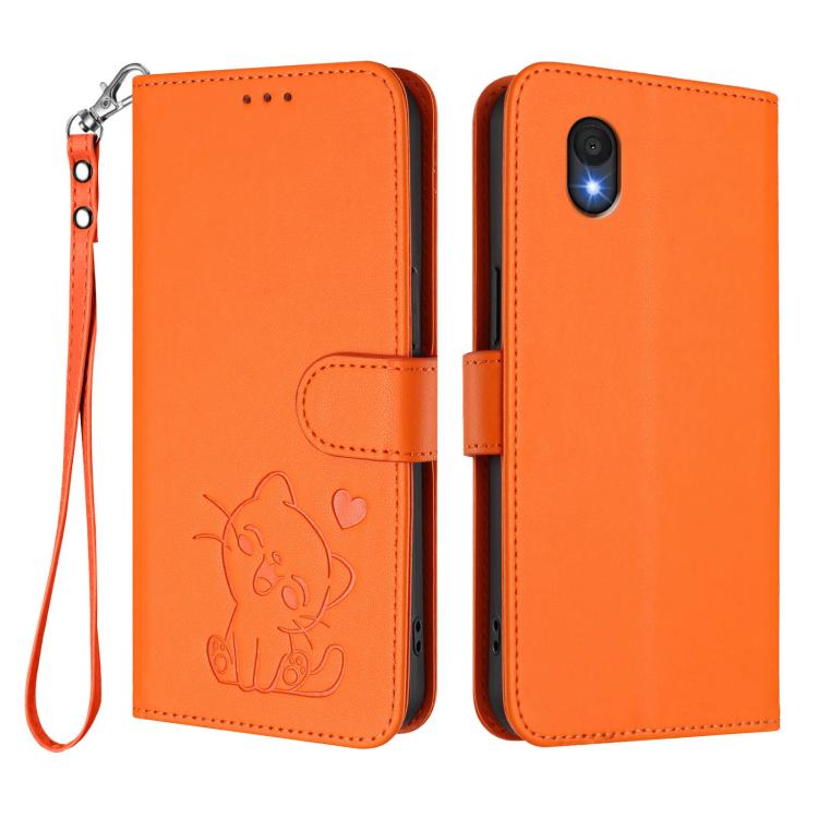 For TCL 201 Embossed Heart Cat Leather Phone Case with Hand Strap