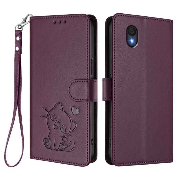 For TCL 201 Embossed Heart Cat Leather Phone Case with Hand Strap