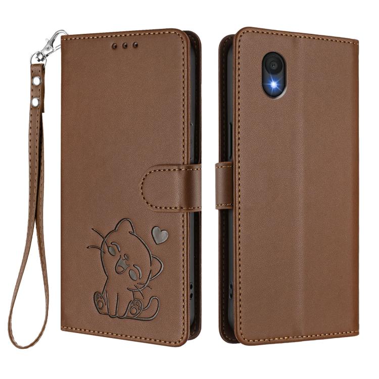 For TCL 201 Embossed Heart Cat Leather Phone Case with Hand Strap