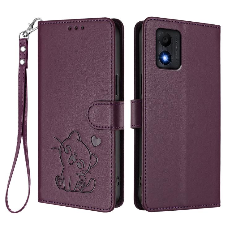 For TCL 303 Embossed Heart Cat Leather Phone Case with Hand Strap