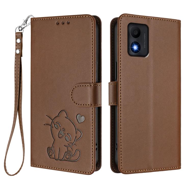 For TCL 303 Embossed Heart Cat Leather Phone Case with Hand Strap