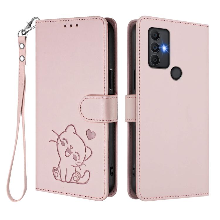 For TCL 305 / 306 / 30 SE AL02 Embossed Heart Cat Leather Phone Case with Hand Strap