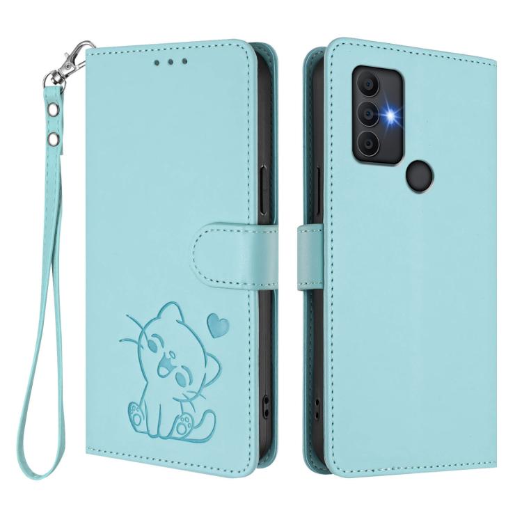 For TCL 305 / 306 / 30 SE AL02 Embossed Heart Cat Leather Phone Case with Hand Strap