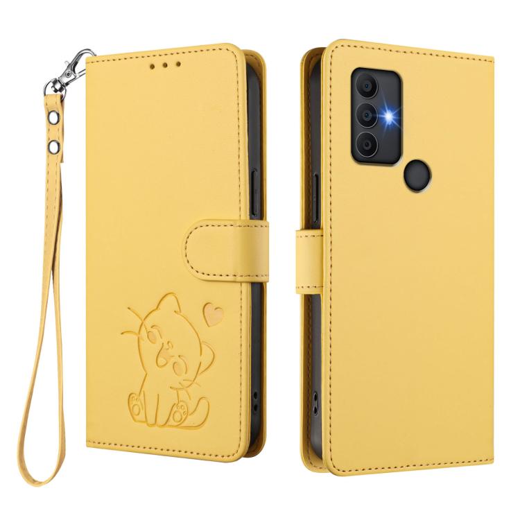 For TCL 305 / 306 / 30 SE AL02 Embossed Heart Cat Leather Phone Case with Hand Strap