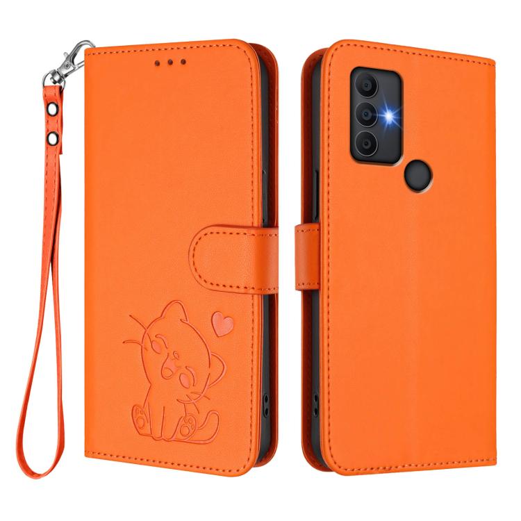 For TCL 305 / 306 / 30 SE AL02 Embossed Heart Cat Leather Phone Case with Hand Strap