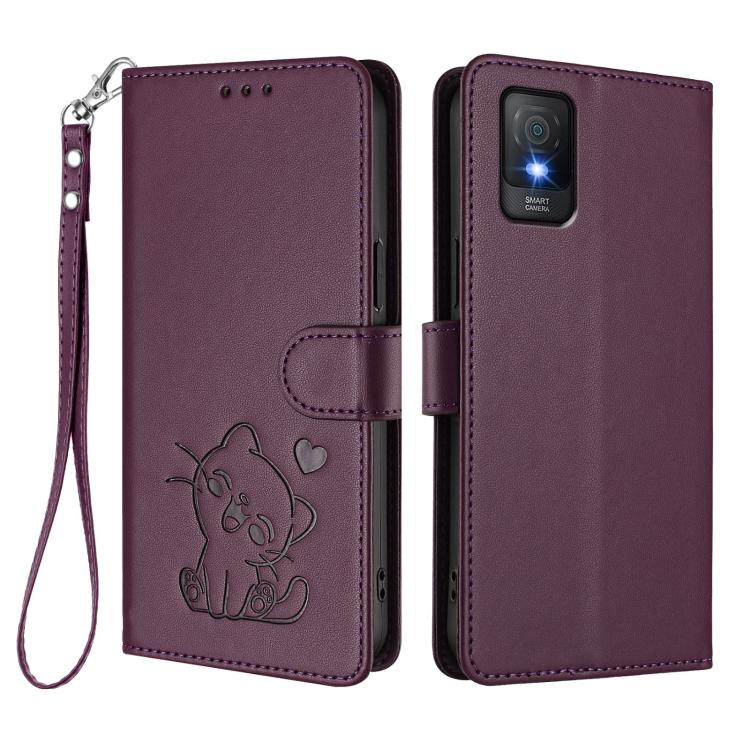 For TCL 403 / Vodafone Smart M23 Embossed Heart Cat Leather Phone Case with Hand Strap