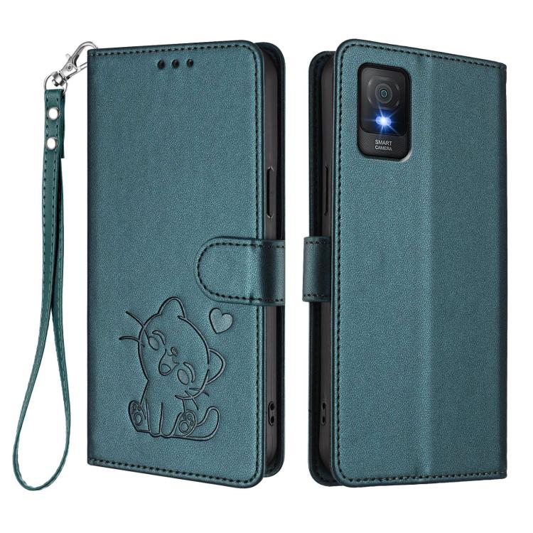 For TCL 403 / Vodafone Smart M23 Embossed Heart Cat Leather Phone Case with Hand Strap
