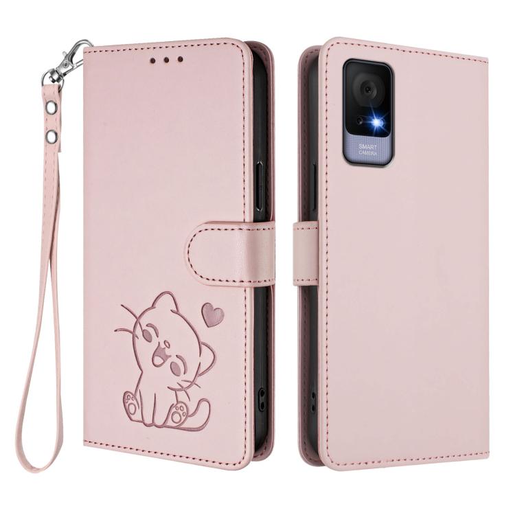 For TCL 405 / 406 / 406s / 408 / T506D Embossed Heart Cat Leather Phone Case with Hand Strap