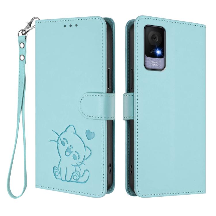 For TCL 405 / 406 / 406s / 408 / T506D Embossed Heart Cat Leather Phone Case with Hand Strap