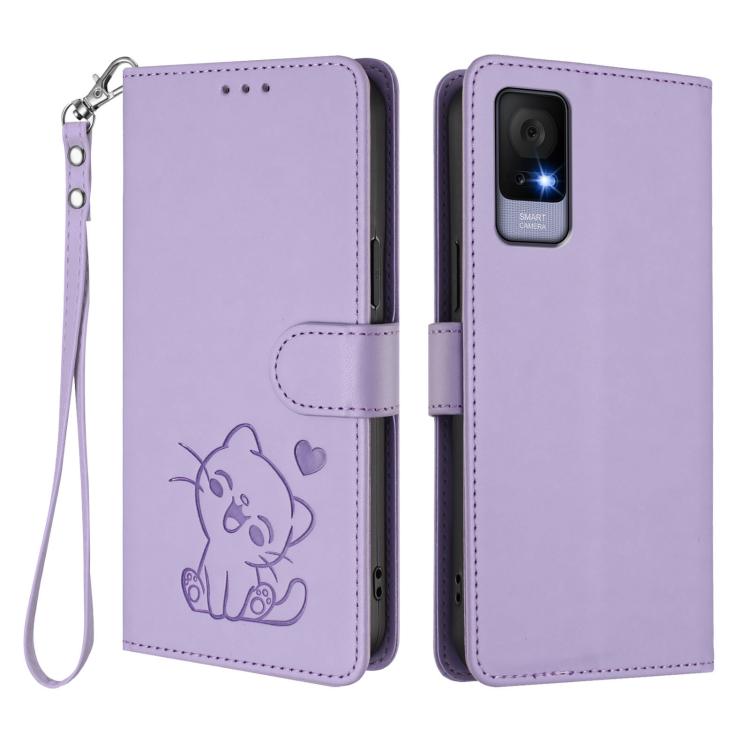 For TCL 405 / 406 / 406s / 408 / T506D Embossed Heart Cat Leather Phone Case with Hand Strap
