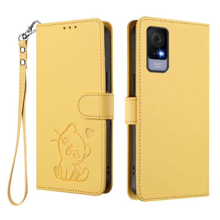 For TCL 405 / 406 / 406s / 408 / T506D Embossed Heart Cat Leather Phone Case with Hand Strap