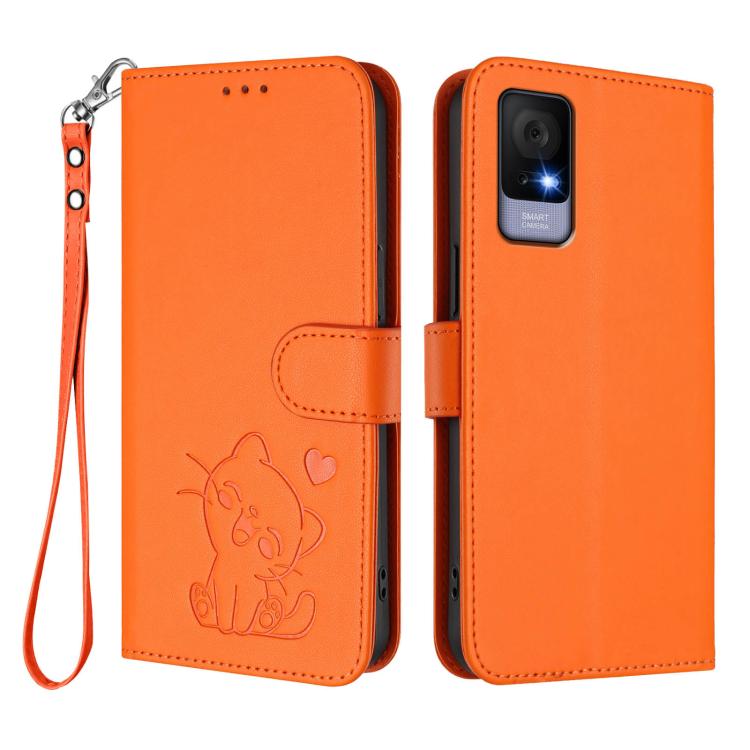 For TCL 405 / 406 / 406s / 408 / T506D Embossed Heart Cat Leather Phone Case with Hand Strap