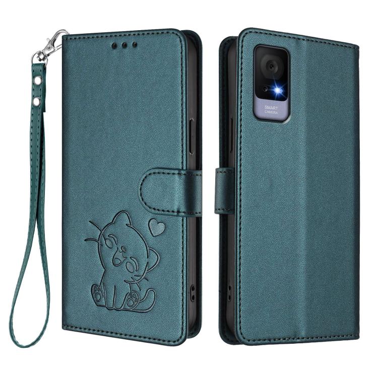 For TCL 405 / 406 / 406s / 408 / T506D Embossed Heart Cat Leather Phone Case with Hand Strap