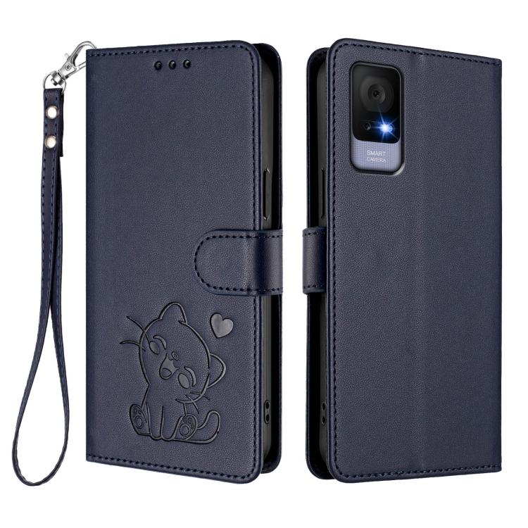 For TCL 405 / 406 / 406s / 408 / T506D Embossed Heart Cat Leather Phone Case with Hand Strap