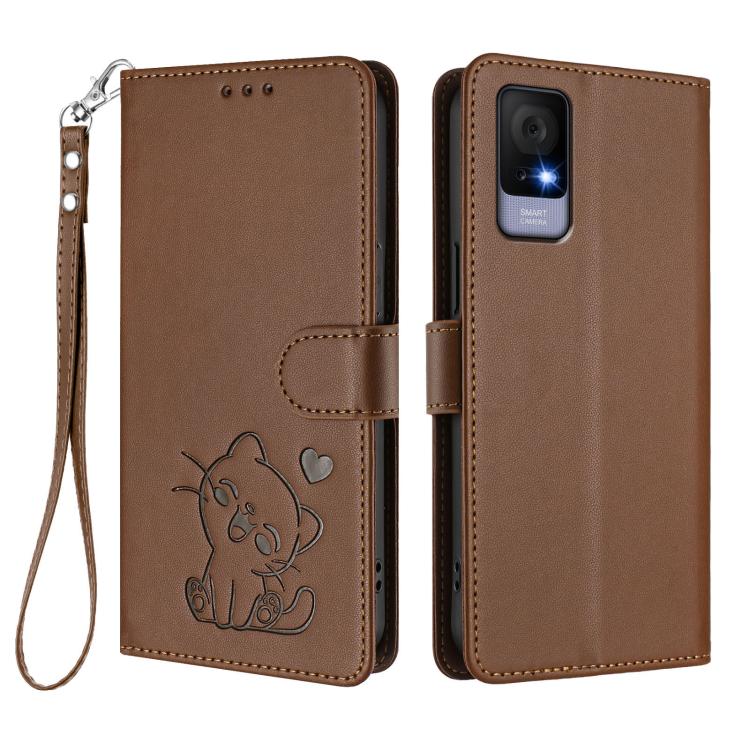 For TCL 405 / 406 / 406s / 408 / T506D Embossed Heart Cat Leather Phone Case with Hand Strap