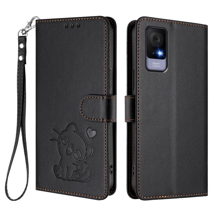 For TCL 405 / 406 / 406s / 408 / T506D Embossed Heart Cat Leather Phone Case with Hand Strap