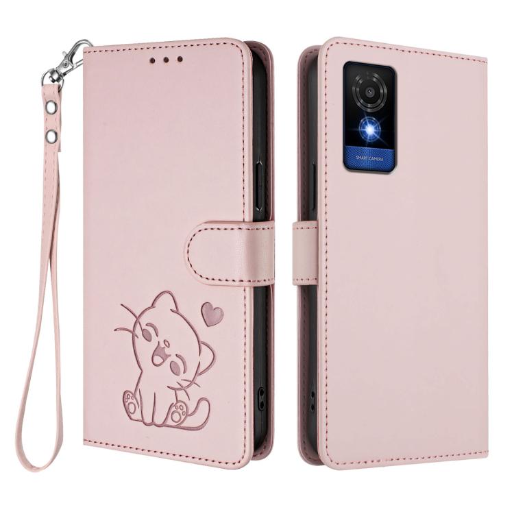 For TCL 501 / Vodafone Smart M25 Embossed Heart Cat Leather Phone Case with Hand Strap