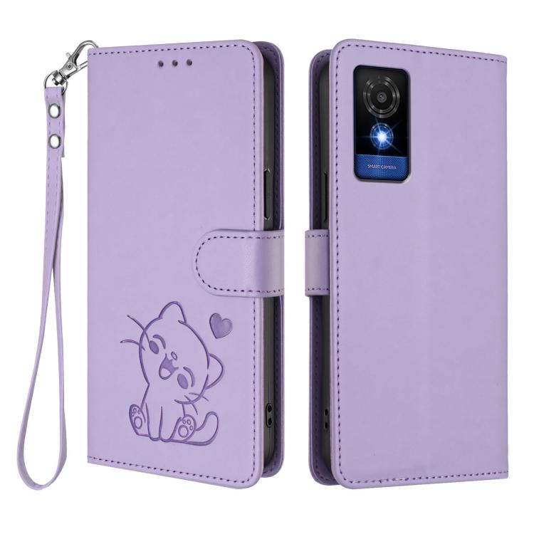 For TCL 501 / Vodafone Smart M25 Embossed Heart Cat Leather Phone Case with Hand Strap