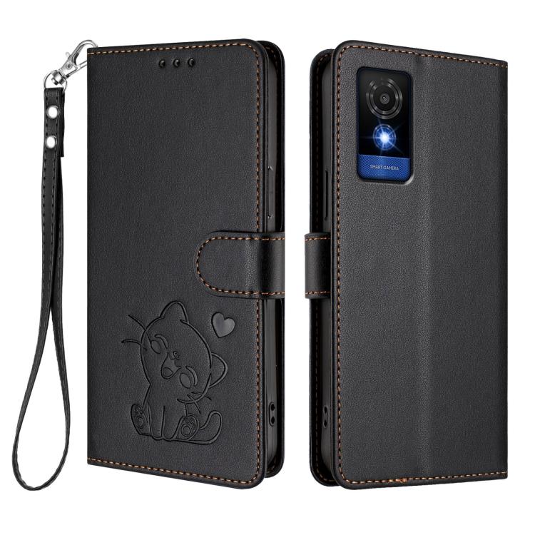For TCL 501 / Vodafone Smart M25 Embossed Heart Cat Leather Phone Case with Hand Strap