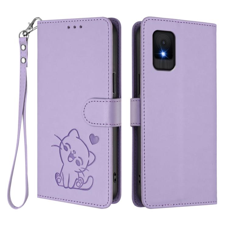 For TCL 502 Embossed Heart Cat Leather Phone Case with Hand Strap