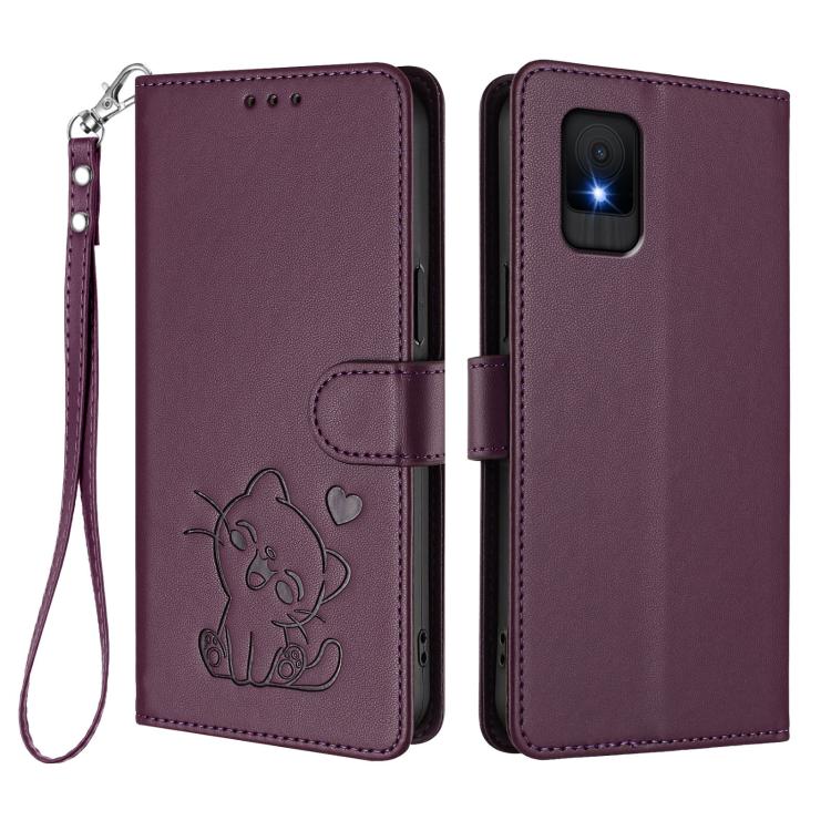 For TCL 502 Embossed Heart Cat Leather Phone Case with Hand Strap