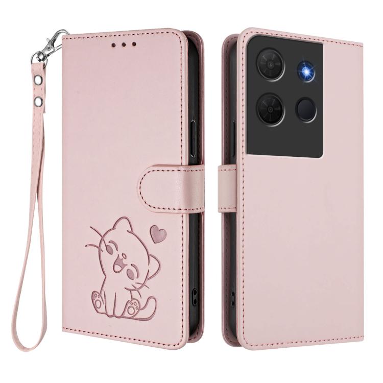 For TCL 503 Embossed Heart Cat Leather Phone Case with Hand Strap