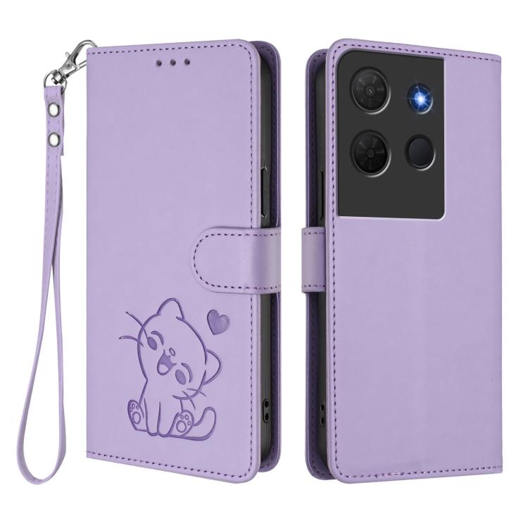 For TCL 503 Embossed Heart Cat Leather Phone Case with Hand Strap