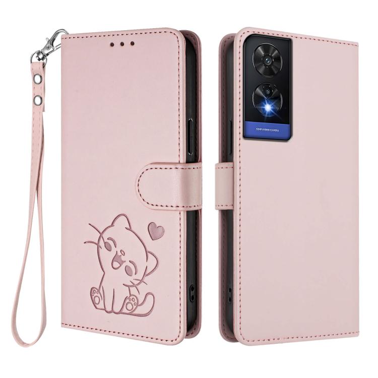 For TCL 505 / T509K / T5094 Embossed Heart Cat Leather Phone Case with Hand Strap
