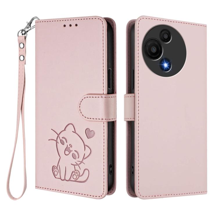 For TCL 605 / 60 SE Embossed Heart Cat Leather Phone Case with Hand Strap