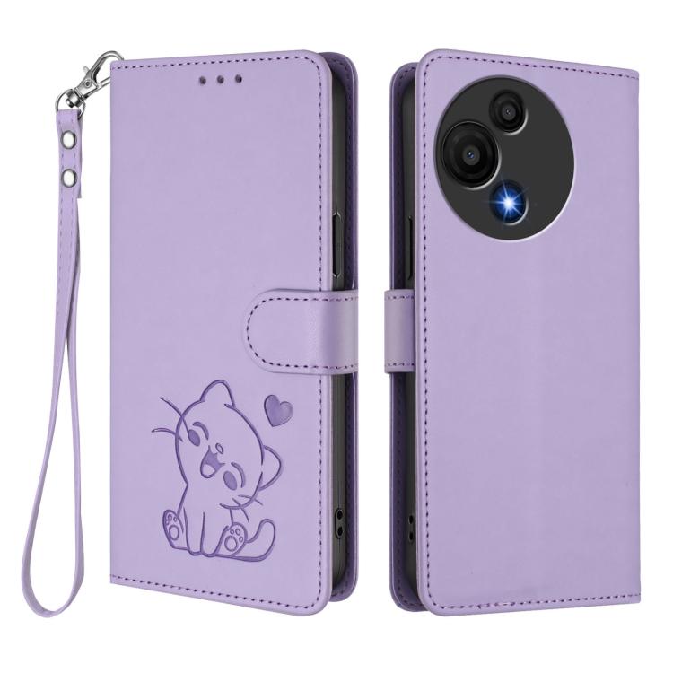 For TCL 605 / 60 SE Embossed Heart Cat Leather Phone Case with Hand Strap