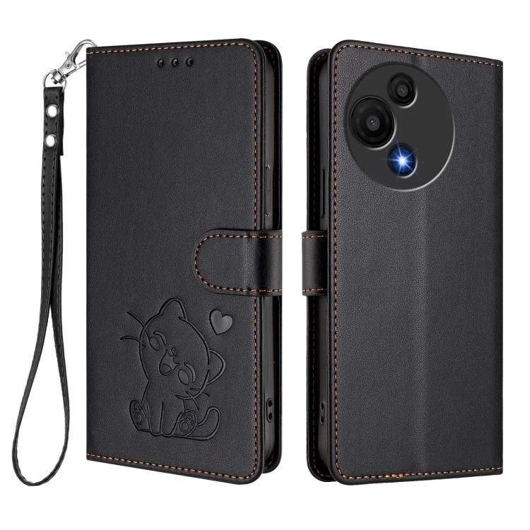 For TCL 605 / 60 SE Embossed Heart Cat Leather Phone Case with Hand Strap