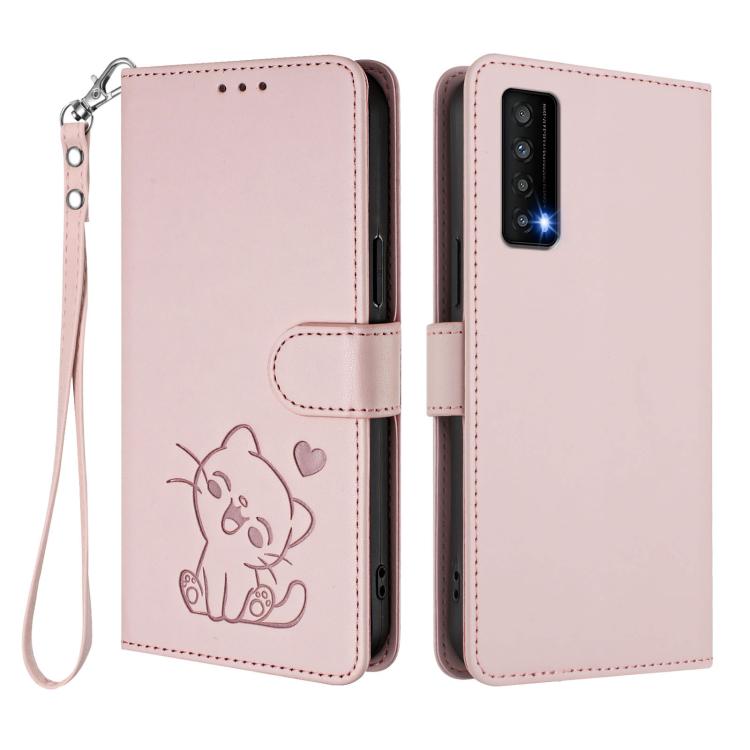 For TCL Stylus 5G Embossed Heart Cat Leather Phone Case with Hand Strap