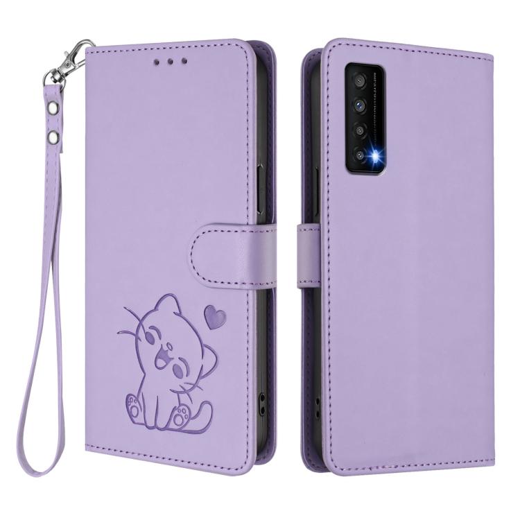 For TCL Stylus 5G Embossed Heart Cat Leather Phone Case with Hand Strap