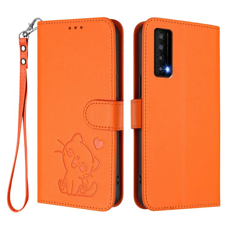 For TCL Stylus 5G Embossed Heart Cat Leather Phone Case with Hand Strap