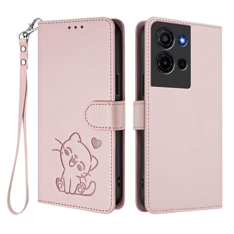 For TCL K32 5G / K33 5G Embossed Heart Cat Leather Phone Case with Hand Strap