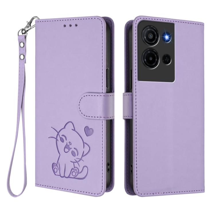 For TCL K32 5G / K33 5G Embossed Heart Cat Leather Phone Case with Hand Strap